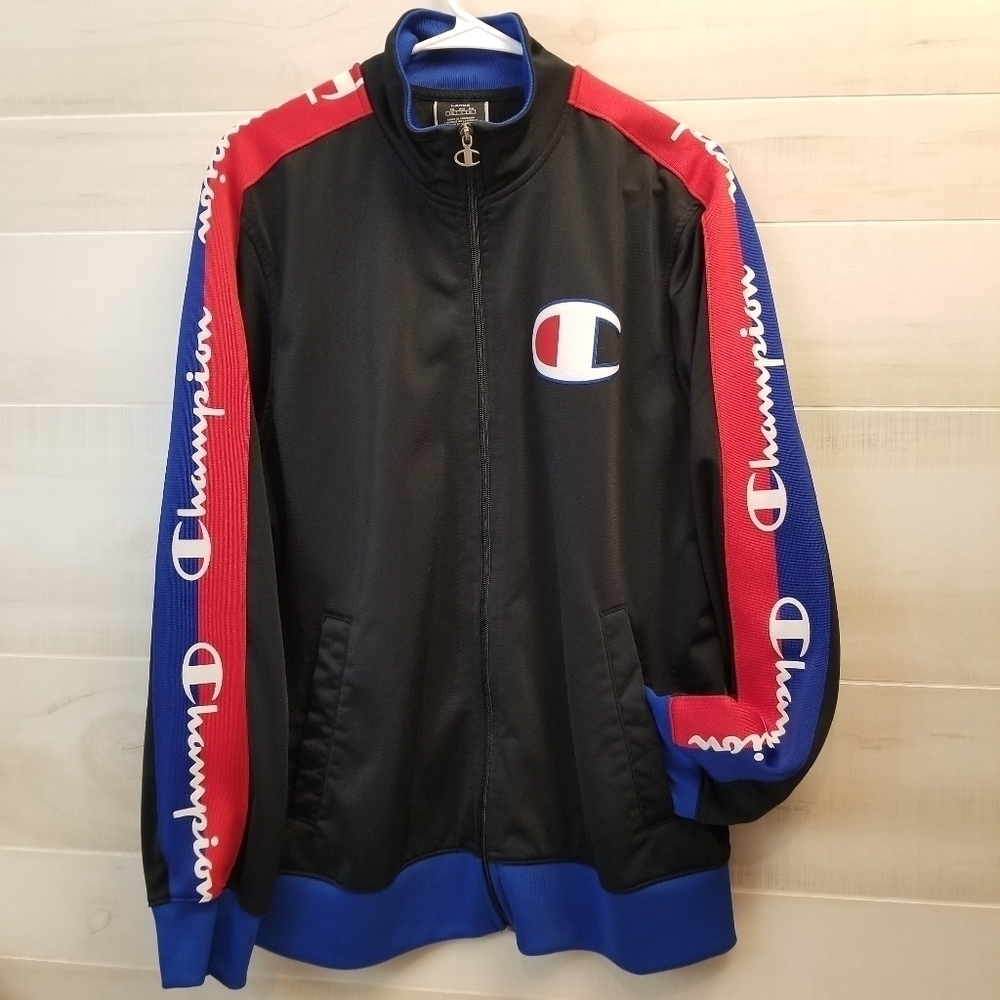 {L} Champion Racer Stripe Zip Up Jacket Coat Hype Streetwear